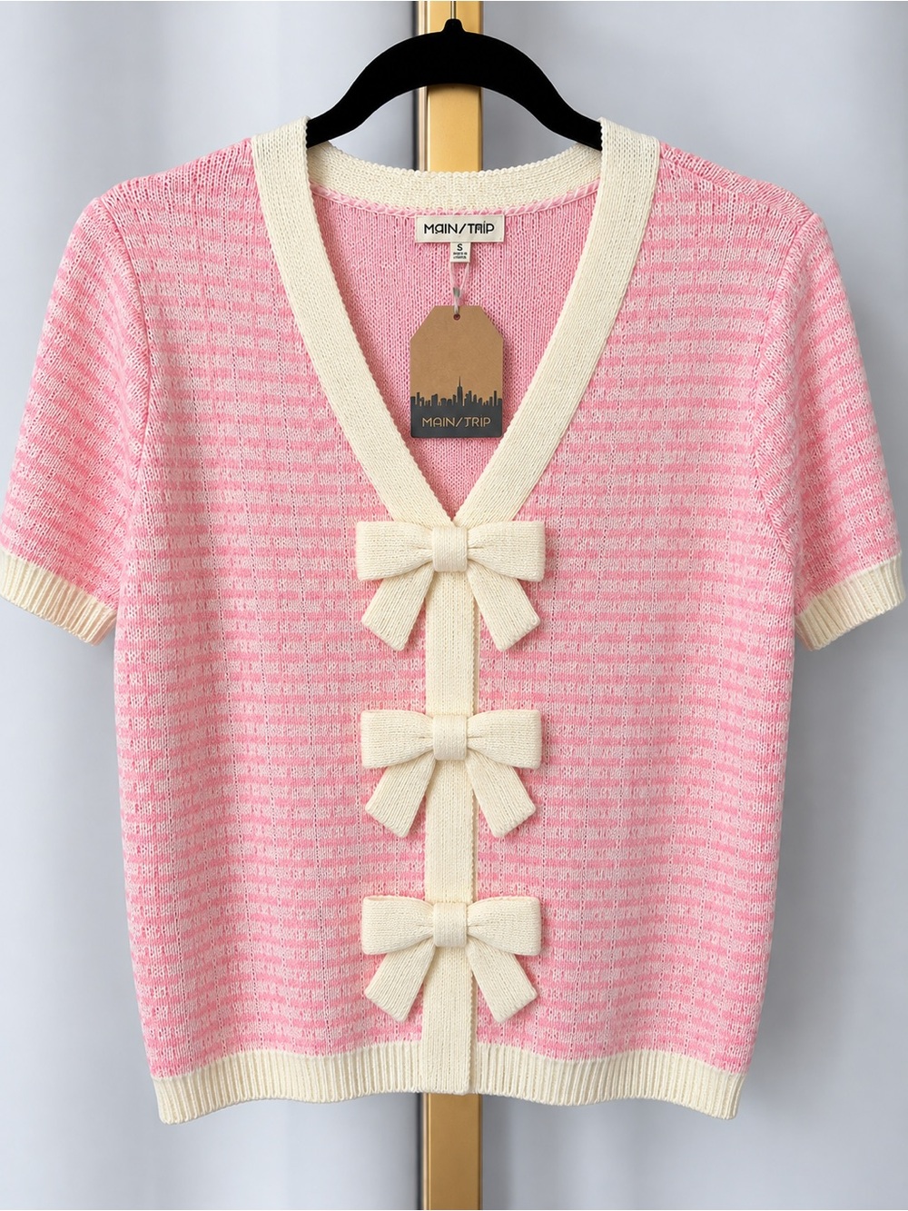 Main Strip Pink V-Neck Short-Sleeve Sweater with Cream Bow Trim